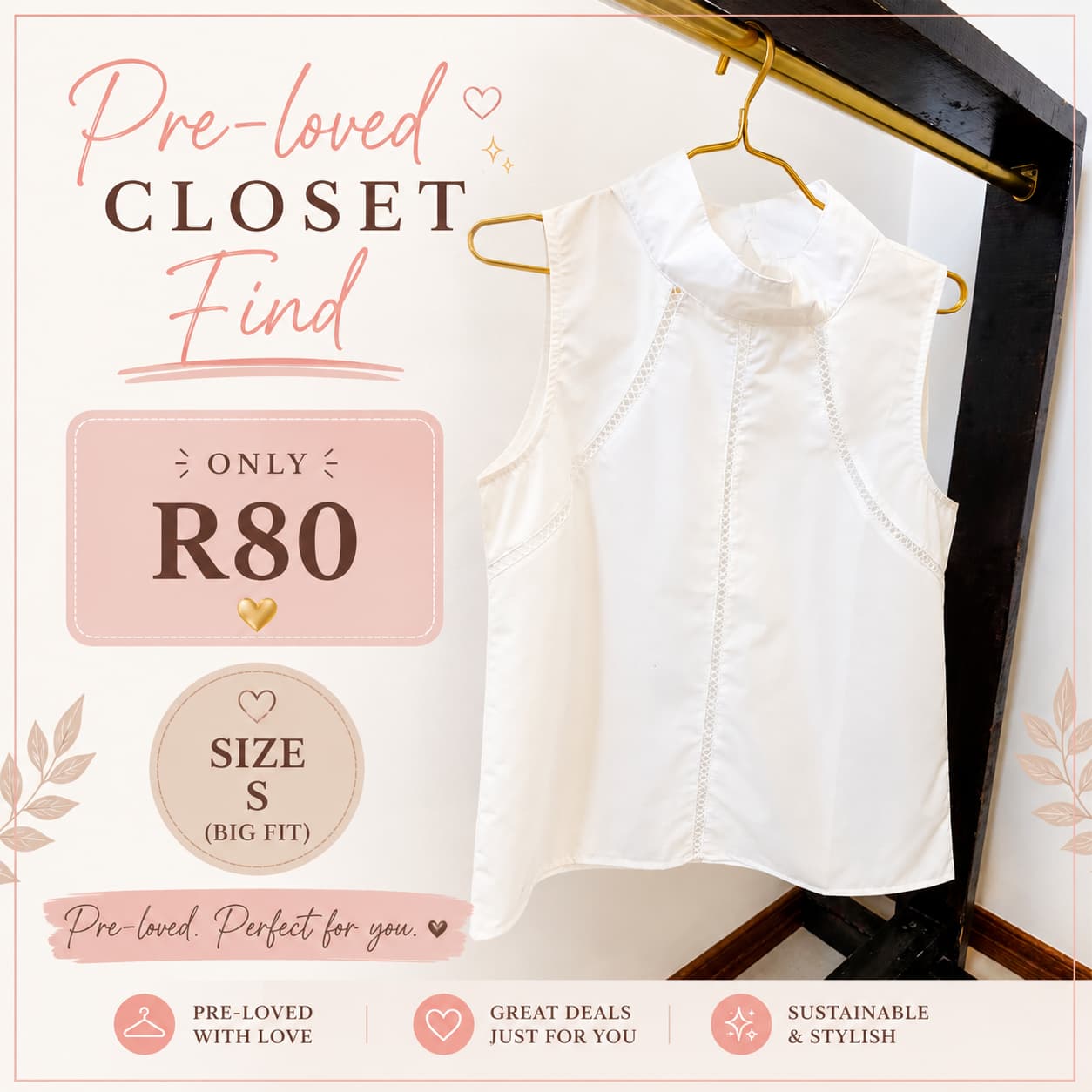 Pre-loved White Sleeveless Top, Size S