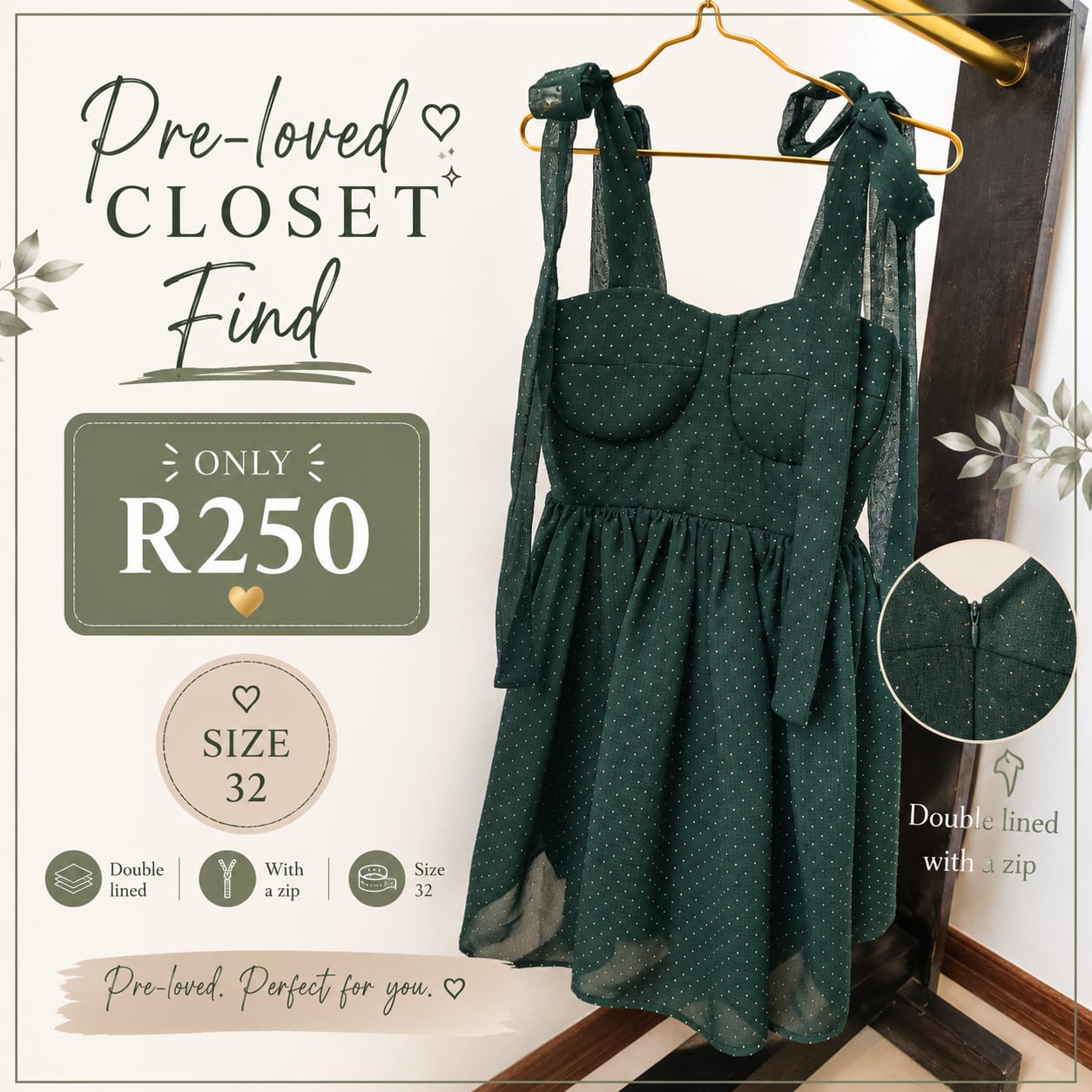 Pre-loved Green Polka-Dot Dress, Size 32