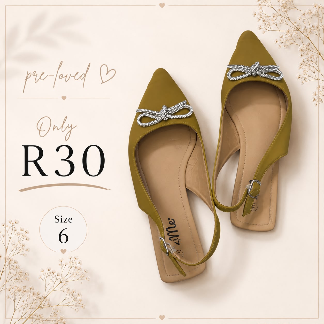 Pre-loved Olive Bow Flats, Size 6