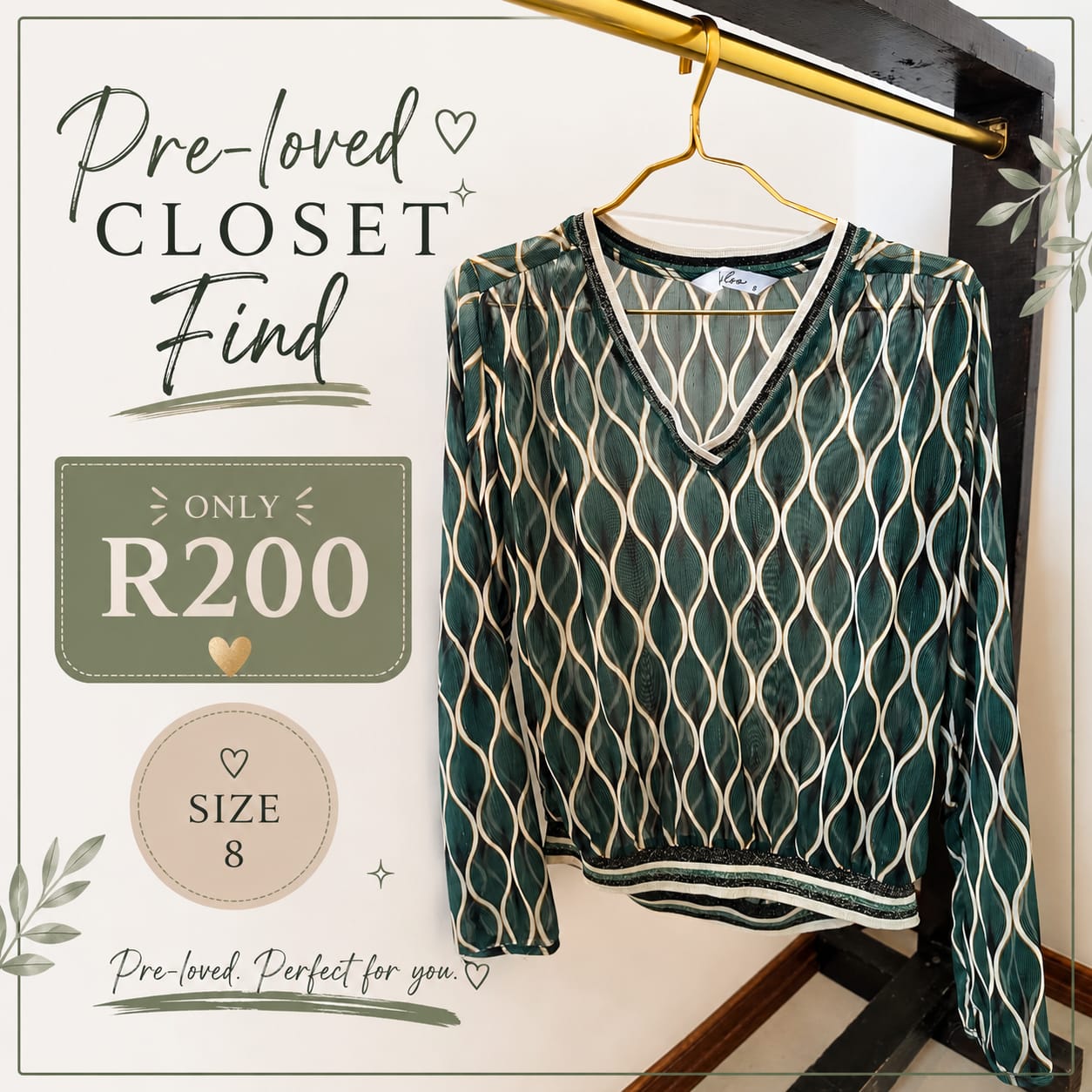 Pre-loved Green Print Blouse, Size 8