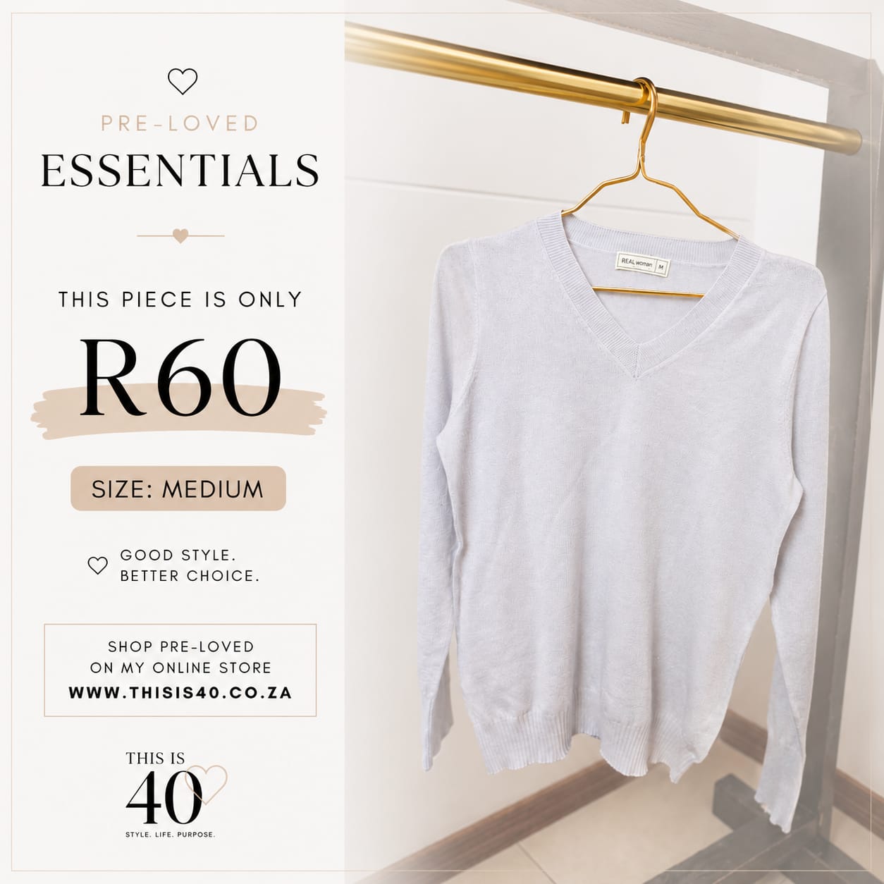 Pre-loved White V-Neck Jumper, Size M