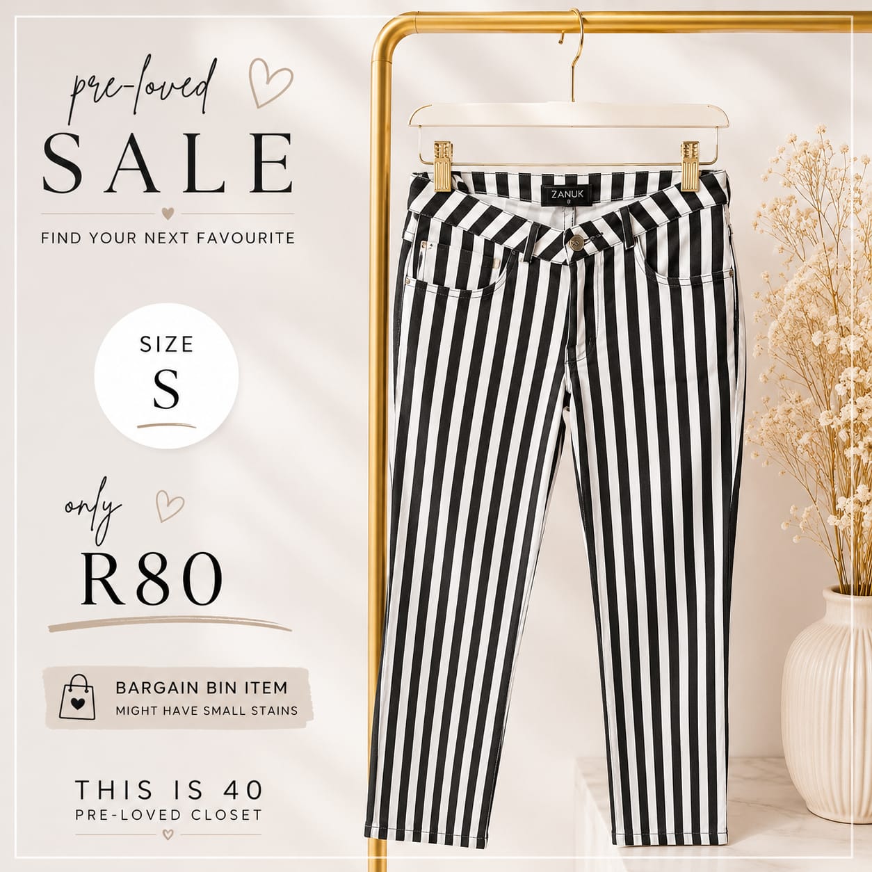 Pre-loved Black and White Striped Pants, Size S