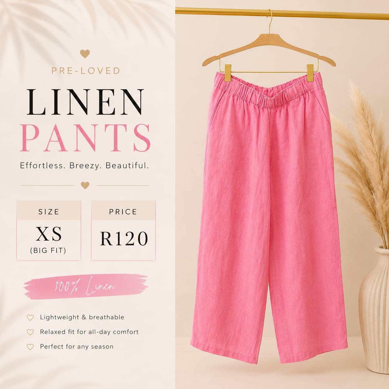 Pre-loved Pink Linen Pants, Size XS