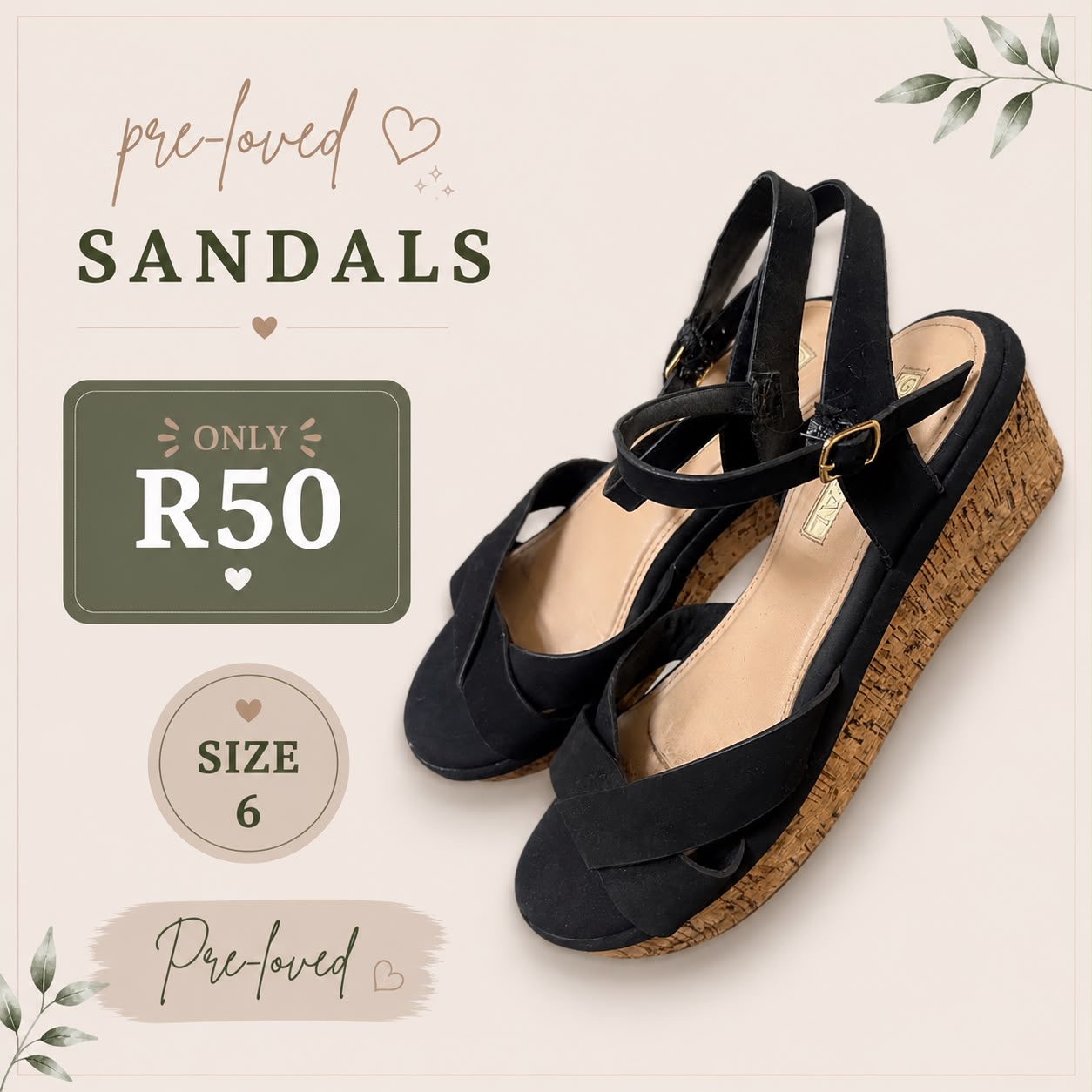 Pre-loved Black Wedge Sandals, Size 6