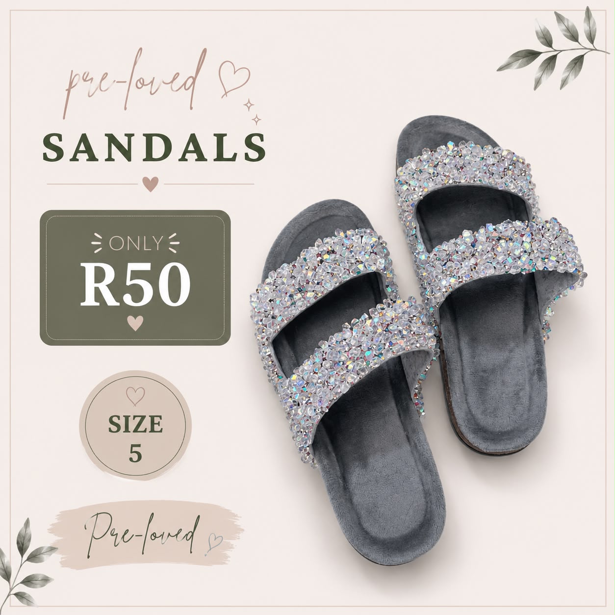 Pre-loved Silver Crystal Sandals, Size 5
