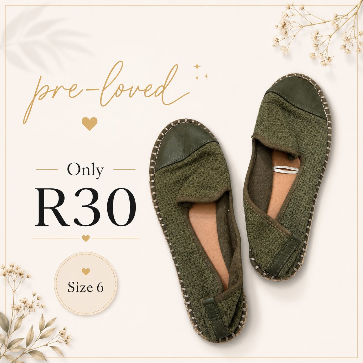 Pre-loved Olive Espadrille Flats, Size 6